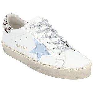 Golden Goose Hi Star Leather & Haircalf Sneaker with light blue star. NEW SALE